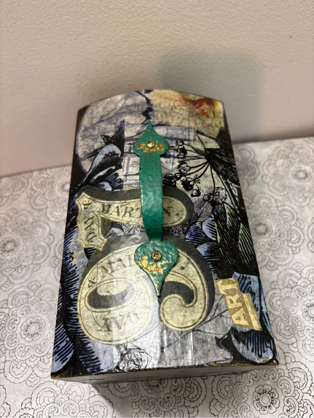 Floral Decoupage Decorative Storage Box with Green Handle
